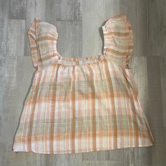 Lucky Brand Emily Plaid Short Flutter Sleeve Shirt Top Size L - Picture 10 of 10